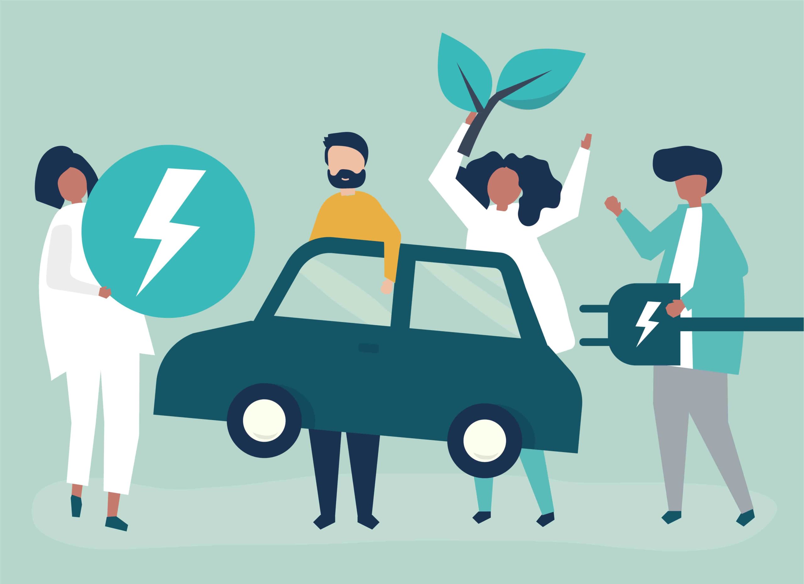 Grupo de personas haciendo alusión al uso de vehículos hybridos
